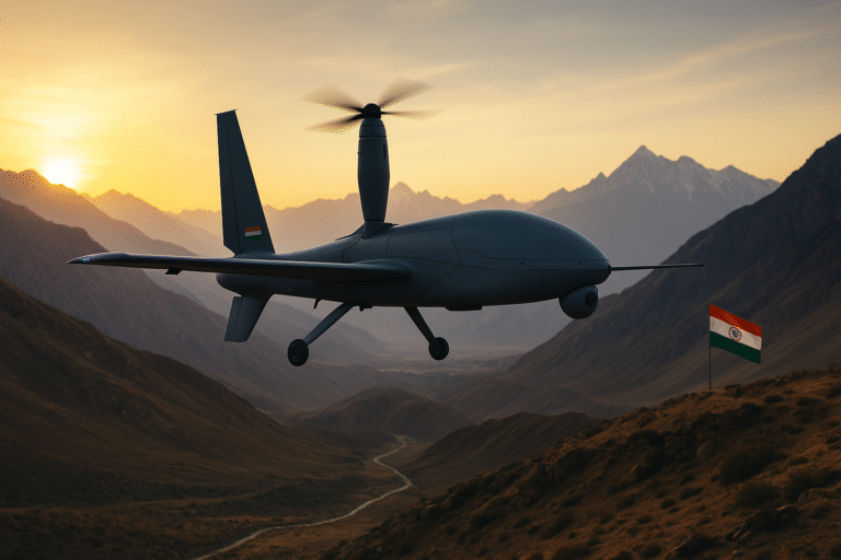 V-BAT Combat Drone India-China border mountains at sunset with Indian flag in foreground.