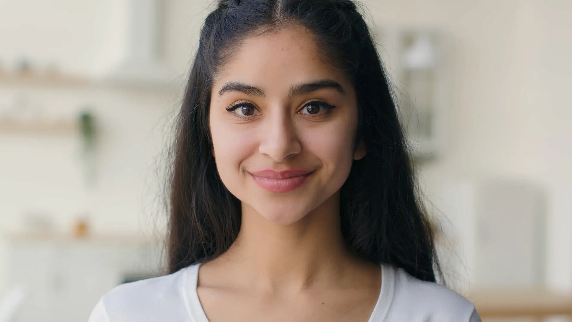 Close up face woman multiethnic indian arabian homeowner businesswoman student girl with healthy