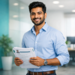 Professional IT fresher holding ATS-friendly resume templates - ElevateWithB MEGA PACK of 25 templates