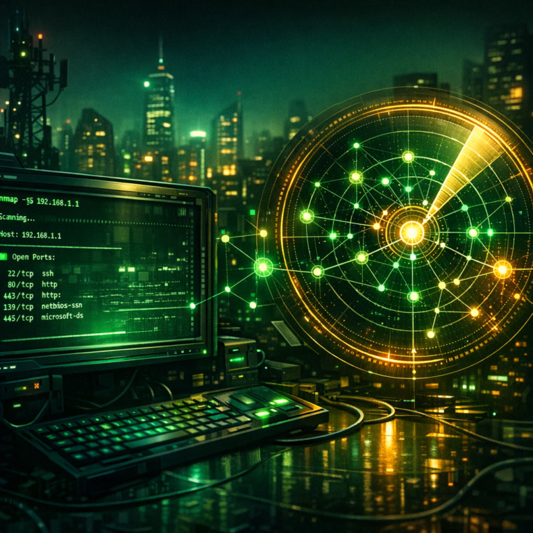 Nmap for beginners network scanning commands cyberpunk illustration