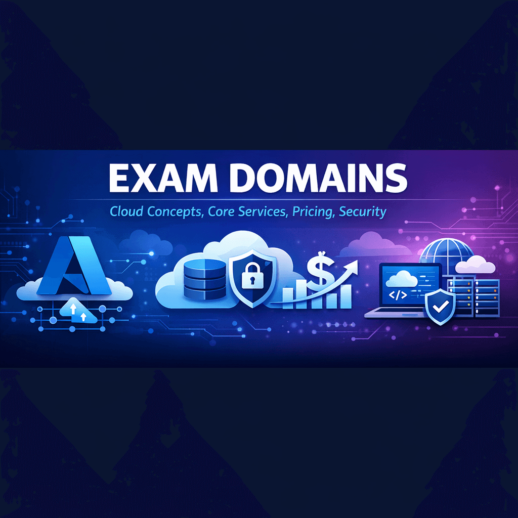 Azure AZ-900 exam domains covering cloud concepts, core services, pricing and security