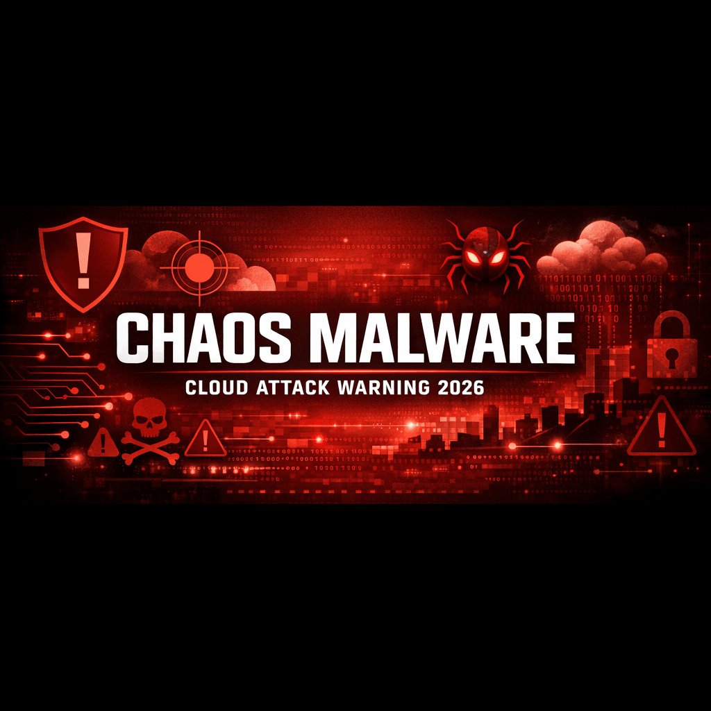 Chaos malware cloud attack warning banner with threat icons