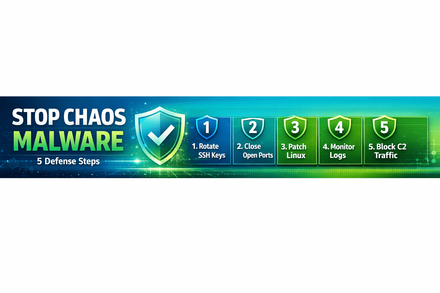 Chaos malware cloud 5-step defense plan horizontal banner
