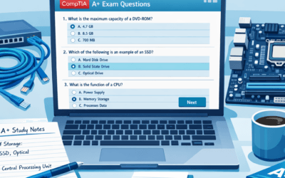 CompTIA A Plus Certification study setup with laptop and networking hardware