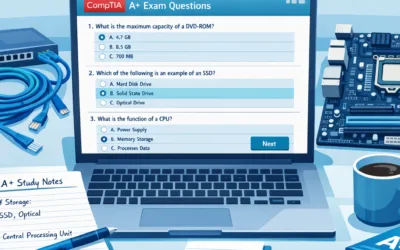 CompTIA A Plus Certification study setup with laptop and networking hardware