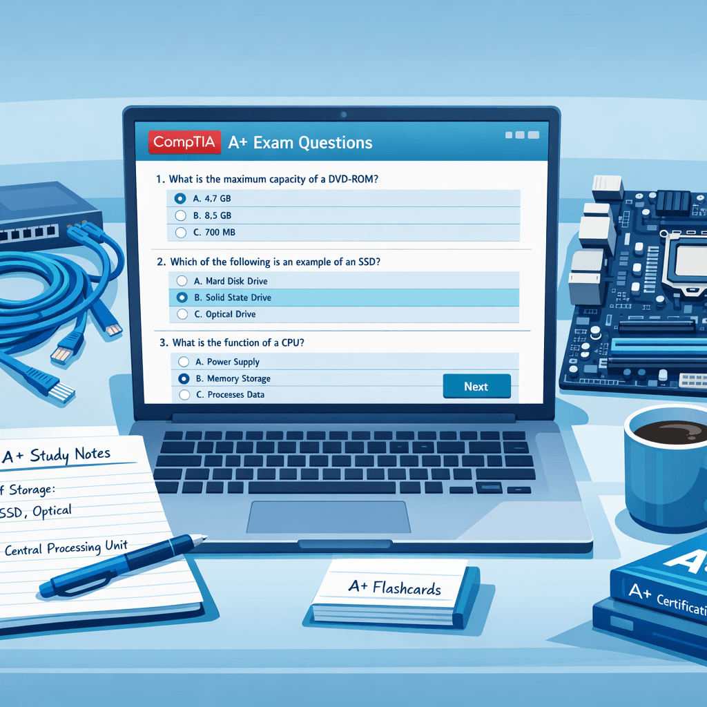 CompTIA A Plus Certification study setup with laptop and networking hardware