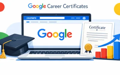 Free Google IT certificates program with laptop and graduation cap