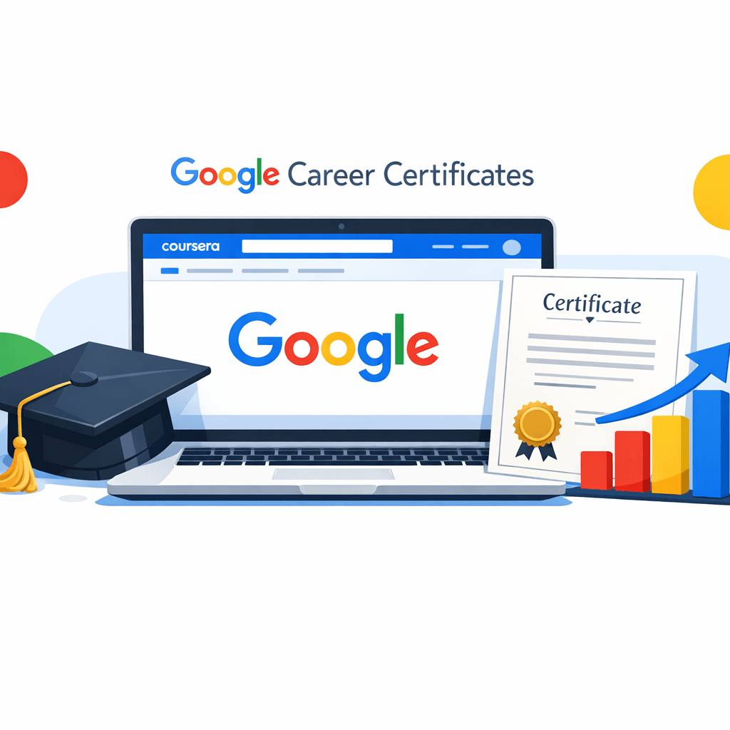 Free Google IT certificates program with laptop and graduation cap
