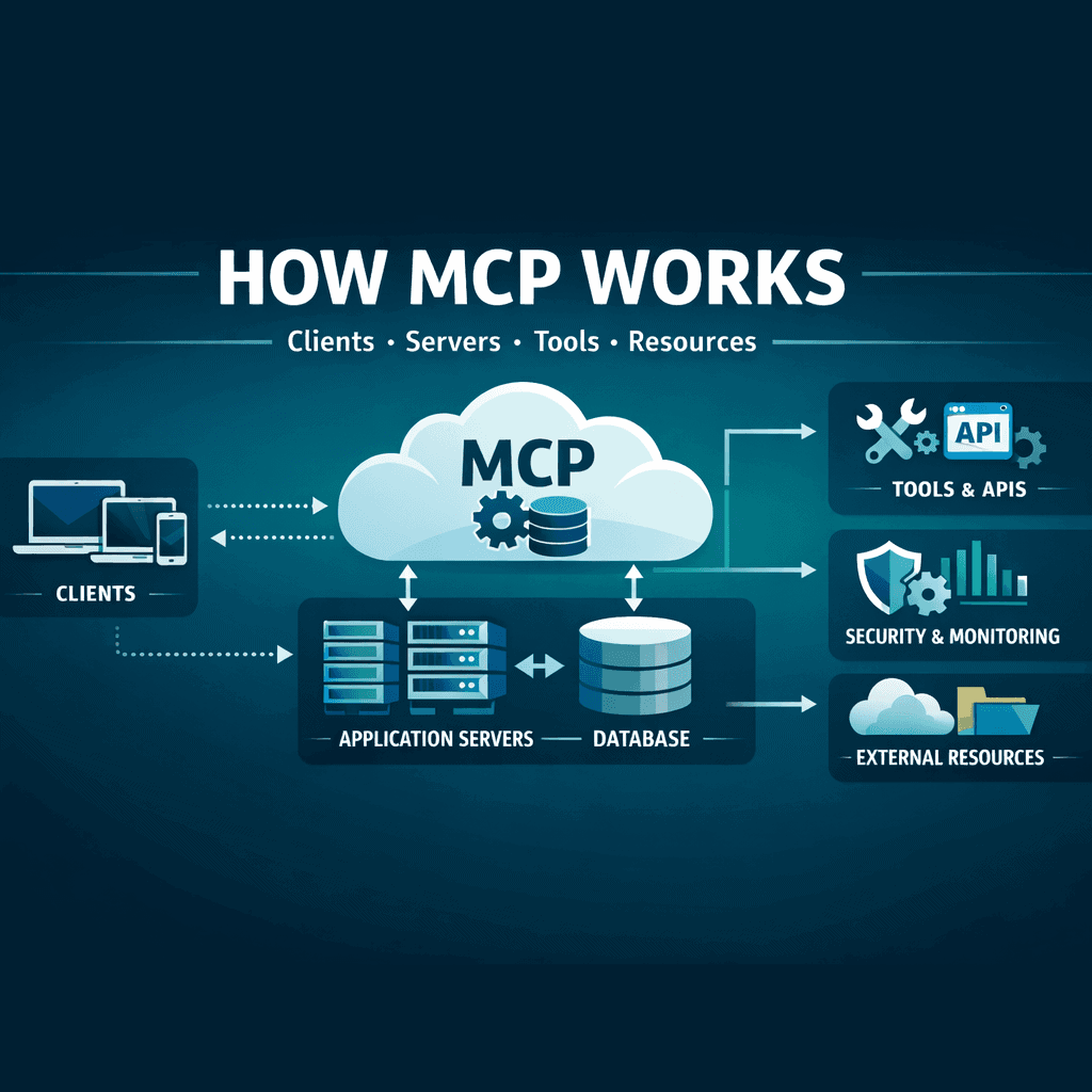 How MCP works diagram showing clients servers tools and resources data flow