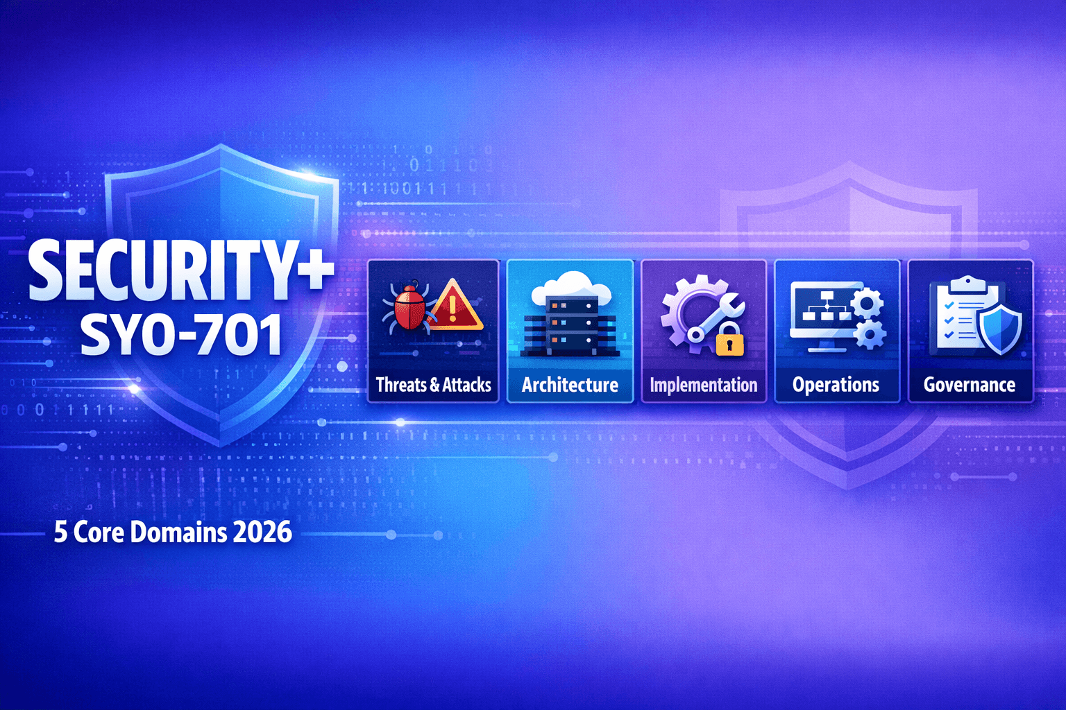 Security+ SY0-701 five core domains horizontal banner