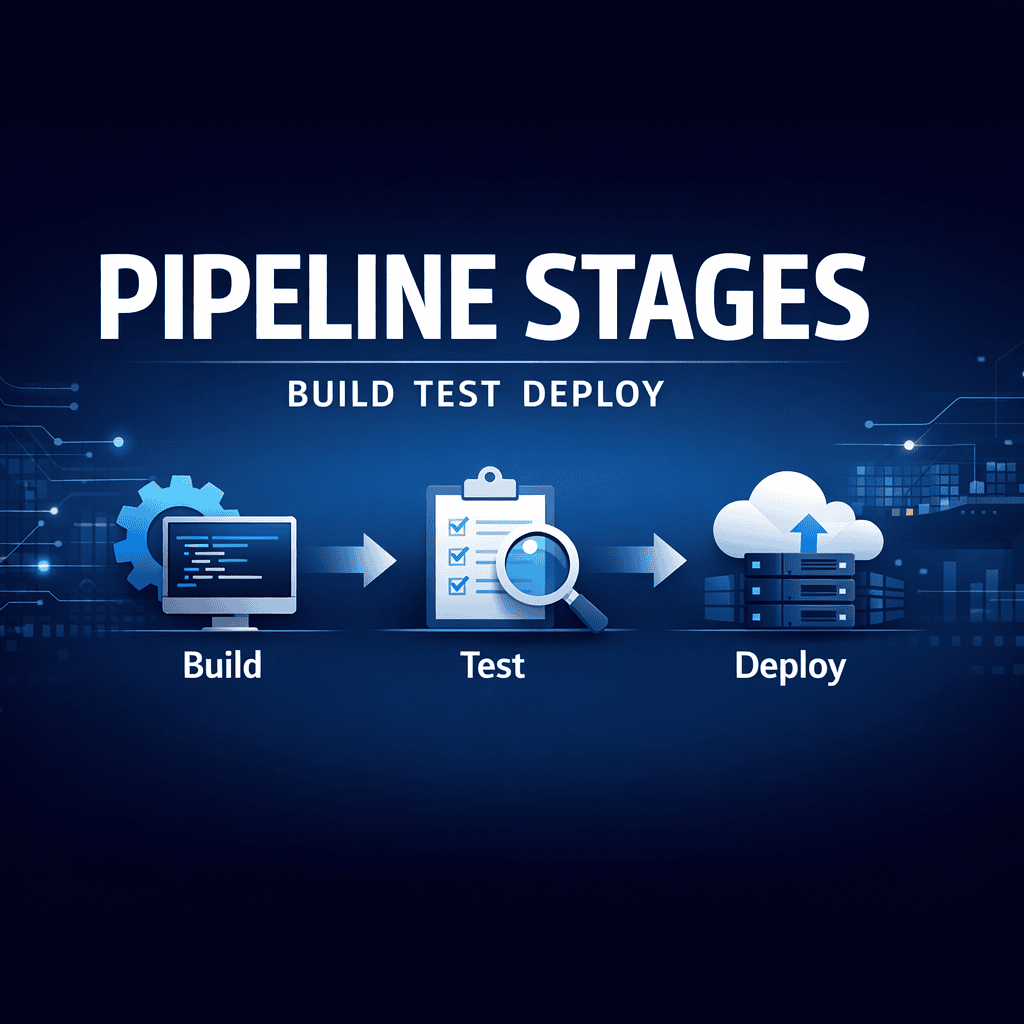 CI/CD pipeline stages diagram showing build, test, and deploy