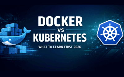 Docker vs Kubernetes banner showing what to learn first in 2026