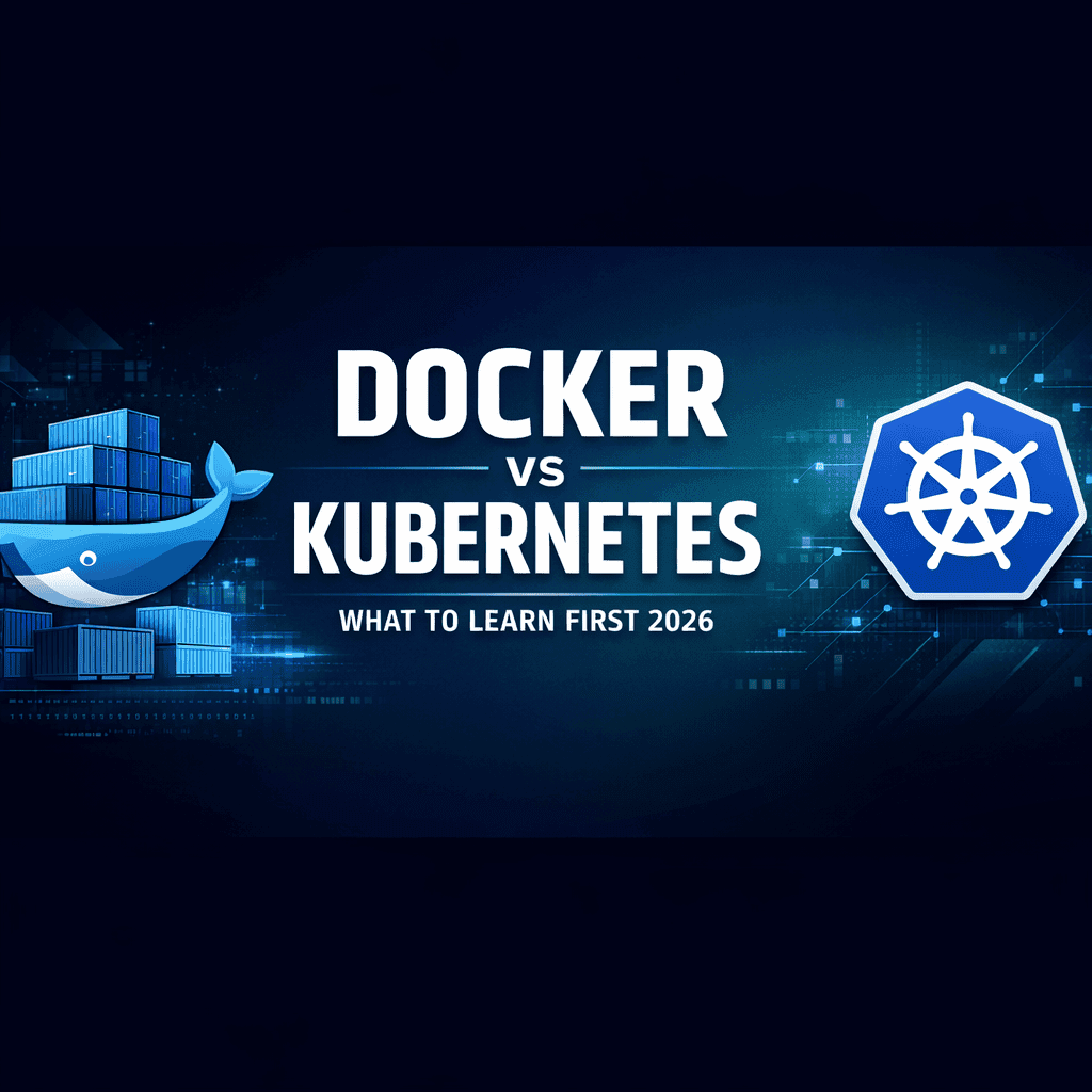 Docker vs Kubernetes banner showing what to learn first in 2026