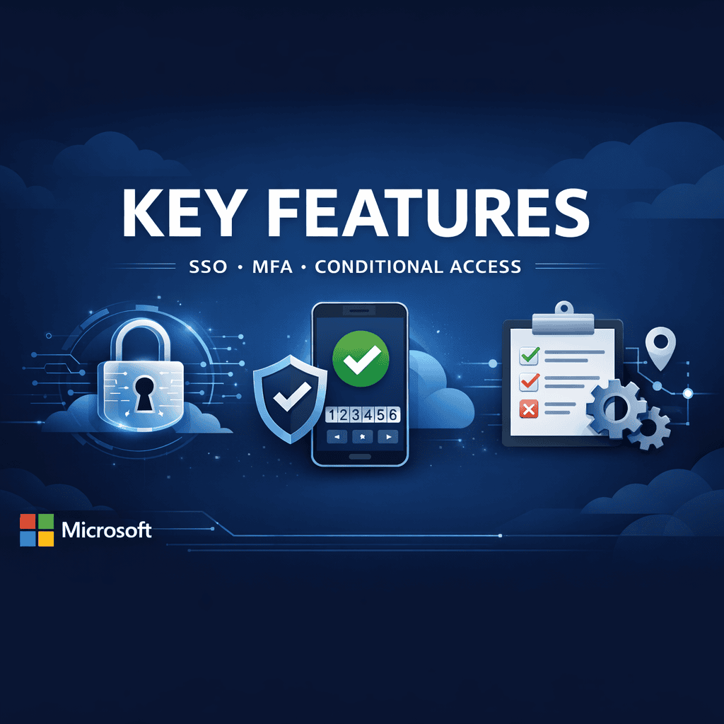 Microsoft Entra ID features including SSO, MFA, and conditional access