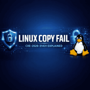 Linux privilege escalation banner showing CVE-2026-31431 Copy Fail vulnerability