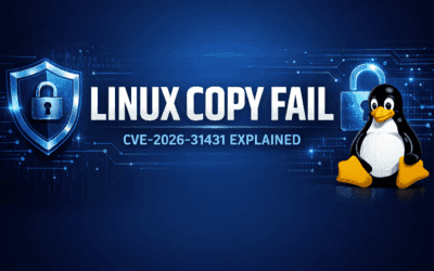 Linux privilege escalation banner showing CVE-2026-31431 Copy Fail vulnerability
