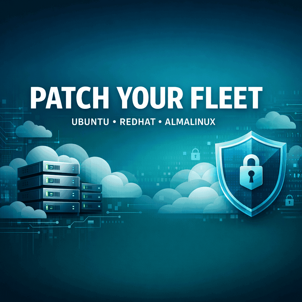 Patch guide for Linux fleet showing Ubuntu, Red Hat, AlmaLinux, and SUSE distributions