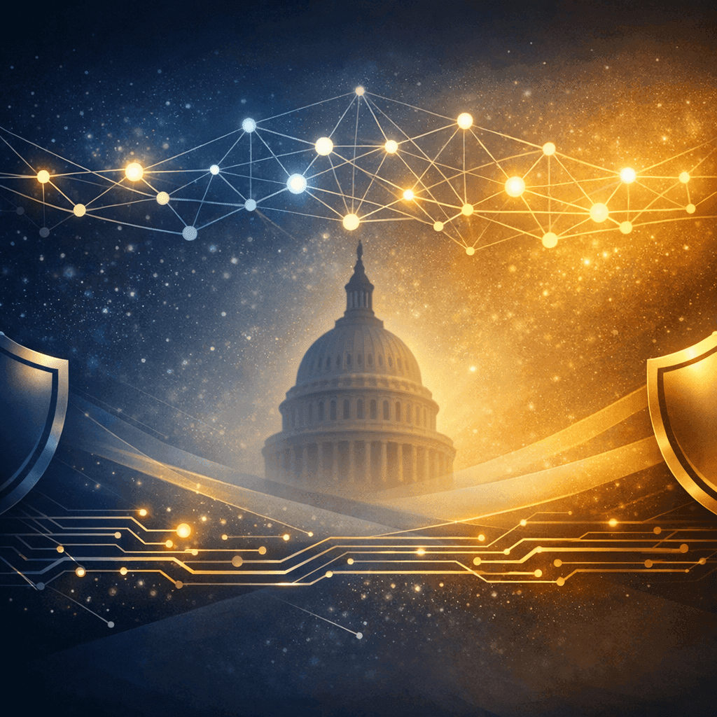 US AI model testing featured image with capitol dome and neural network motif