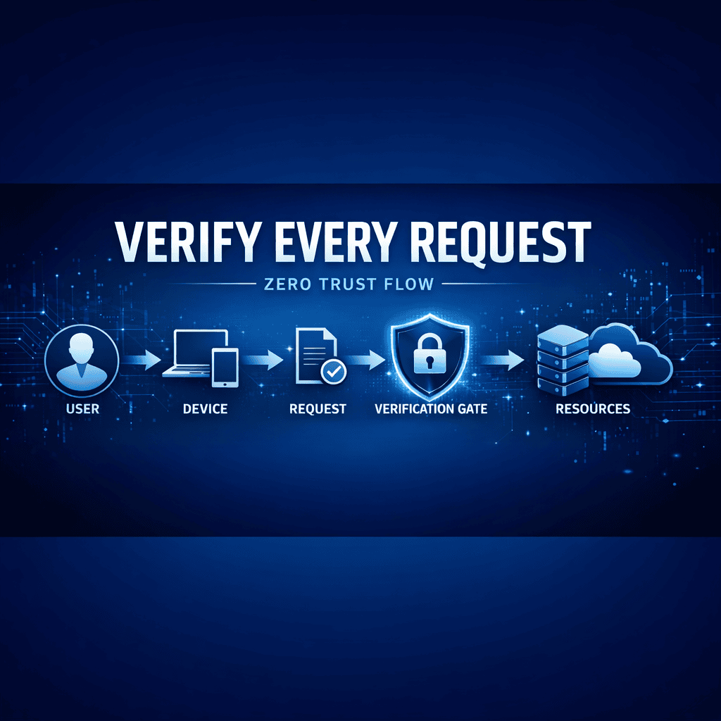Zero trust security architecture flow showing verify every request